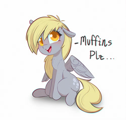 Size: 1000x952 | Tagged: safe, artist:inkypuso, derpy hooves, pegasus, pony, g4, chest fluff, colored pupils, cute, derpabetes, eye clipping through hair, female, floppy ears, mare, muffin, open mouth, open smile, simple background, sitting, smiling, solo, talking to viewer, that pony sure does love muffins, white background