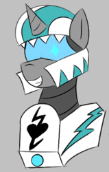 Size: 243x381 | Tagged: safe, artist:vareb, oc, oc:tango starfall, pony, unicorn, armor, female, gray background, helmet, mare, science fiction, simple background, smiling, solo, visor