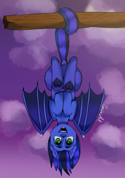 Size: 1438x2039 | Tagged: safe, artist:cozziesart, oc, oc only, oc:guard cobalt flash, bat pony, bat pony oc, hanging, hanging upside down, male, smiling, solo, stallion, tree branch, upside down