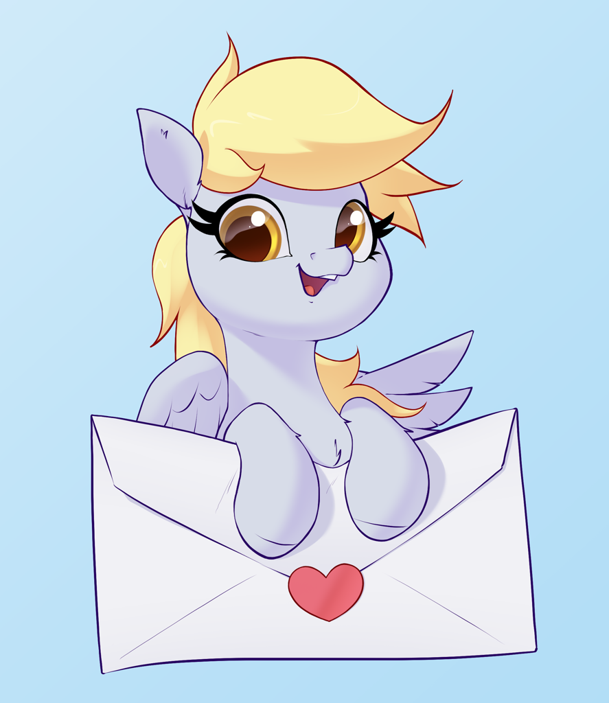 [cute,derpy hooves,female,high res,letter,looking at you,love letter,mare,open mouth,pegasus,pony,safe,simple background,solo,wings,derpabetes,blue background,smiling,smiling at you,open smile,artist:aquaticvibes]