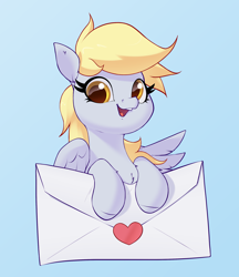 Size: 2100x2425 | Tagged: safe, artist:aquaticvibes, derpy hooves, pegasus, pony, g4, blue background, cute, derpabetes, female, heart, high res, letter, looking at you, love letter, mare, open mouth, open smile, simple background, smiling, smiling at you, solo, wings