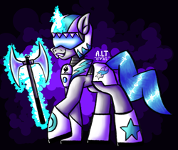 Size: 2129x1800 | Tagged: safe, artist:a.lt opal, oc, oc:tango starfall, pony, unicorn, armor, axe, battle axe, blue tail, female, gray coat, helmet, laser axe, mare, science fiction, smiling, solo, tail, weapon