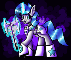 Size: 2129x1800 | Tagged: safe, artist:a.lt opal, oc, oc:tango starfall, pony, unicorn, armor, axe, battle axe, blue eyes, blue mane, blue tail, female, gray coat, laser axe, mare, science fiction, smiling, solo, tail, weapon