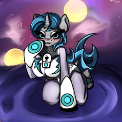 Size: 2048x2048 | Tagged: safe, artist:pinbunny, oc, oc:tango starfall, unicorn, anthro, armor, blue eyes, blue mane, blue tail, blushing, cute, female, gray coat, high res, mare, moon, science fiction, smiling, solo, tail