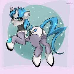 Size: 2048x2048 | Tagged: safe, artist:pinbunny, oc, oc:tango starfall, pony, unicorn, armor, blue eyes, blue mane, blue tail, blushing, cute, female, gray coat, high res, mare, science fiction, smiling, solo, tail