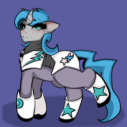 Size: 2048x2048 | Tagged: safe, artist:pinbunny, oc, oc:tango starfall, pony, unicorn, armor, blue eyes, blue mane, blue tail, blushing, cute, female, gray coat, high res, mare, science fiction, smiling, solo, tail