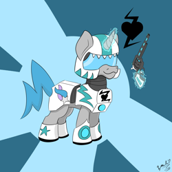 Size: 2000x2000 | Tagged: safe, artist:z-master47, oc, oc:tango starfall, pony, unicorn, armor, blue tail, cute, female, gray coat, gun, handgun, high res, laser gun, mare, pistol, science fiction, smiling, solo, tail, weapon