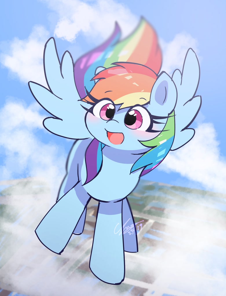 [cute,female,flying,mare,open mouth,pegasus,pony,rainbow dash,safe,signature,solo,wings,dashabetes,spread wings,artist:leo19969525]