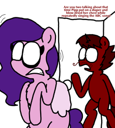 Size: 3023x3351 | Tagged: safe, artist:professorventurer, pipp petals, oc, oc:enrique, pegasus, pony, unicorn, series:ask pippamena, g5, bipedal, chest fluff, embarrassed, facial hair, female, gritted teeth, high res, implied diaper, male, mare, moment killer, moments before disaster, moustache, mouth on side of face, oof, pippamena, stallion, startled, teeth