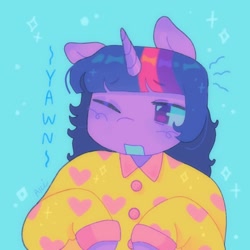 Size: 1440x1440 | Tagged: safe, artist:ariariari.png, twilight sparkle, pony, unicorn, g4, blue background, clothes, floppy ears, one ear down, pajamas, simple background, solo, starry background, unicorn twilight, yawn