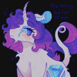 Size: 1440x1440 | Tagged: safe, artist:ariariari.png, rarity, pony, unicorn, g4, alternate cutie mark, alternate hairstyle, black background, chest fluff, chin fluff, crying, hair over one eye, leonine tail, simple background, solo, tail