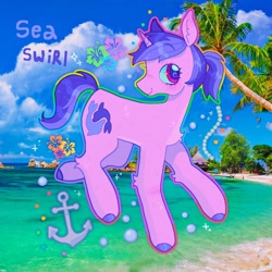 Size: 1440x1440 | Tagged: safe, artist:ariariari.png, sea swirl, seafoam, pony, unicorn, g4, anchor, colored hooves, flower, ocean, pearl, ponytail, real life background, solo, water