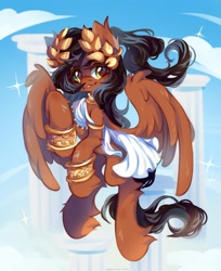 Size: 1749x2142 | Tagged: safe, artist:vanilla-chan, oc, oc only, oc:laurel light, pegasus, pony, bracelet, clothes, cloud, female, flying, gold, jewelry, laurel wreath, mare, pegasus oc, smiling, solo, sparkles, spread wings, toga, wings