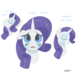 Size: 2000x2000 | Tagged: safe, artist:pearly* marshmallow, rarity, pony, unicorn, g4, bust, crying, depressed, ears back, eyes closed, eyeshadow, female, high res, looking up, makeup, open mouth, radiohead, running makeup, sad, simple background, singing, solo, song reference, tears of pain, text, white background