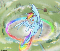 Size: 2048x1730 | Tagged: safe, artist:shinech9, rainbow dash, pegasus, pony, g4, eyebrows, eyebrows visible through hair, female, flying, mare, open mouth, open smile, signature, smiling, solo, sonic rainboom, spread wings, wings