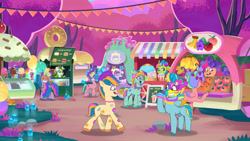 Size: 3072x1727 | Tagged: safe, screencap, berries (g5), delightful trifle, feather clips, izzy moonbow, leaf pony, luminous dazzle, ollie north, plum library, rufus, sunny styles, earth pony, pegasus, pony, unicorn, diva and conquer, g5, my little pony: tell your tale, spoiler:g5, spoiler:my little pony: tell your tale, spoiler:tyts01e56, :o, burger, female, food, glasses, grin, male, mare, open mouth, open smile, smiling, stallion, starry eyes, unnamed character, unnamed pony, wingding eyes