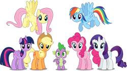 Size: 5367x3000 | Tagged: safe, artist:dashiesparkle, edit, vector edit, applejack, fluttershy, pinkie pie, rainbow dash, rarity, spike, twilight sparkle, alicorn, dragon, earth pony, pegasus, pony, unicorn, g4, absurd resolution, cowboy hat, eyebrows, eyeshadow, female, flying, folded wings, group, hat, looking at you, makeup, male, mane seven, mane six, mare, septet, shadow, simple background, smiling, smiling at you, spread wings, transparent background, twilight sparkle (alicorn), vector, wings