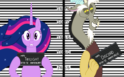 Size: 4500x2800 | Tagged: safe, artist:utts, discord, twilight sparkle, alicorn, draconequus, pony, g4, the last problem, barbie, barbie (film), barbie mugshot meme, duo, duo male and female, eye clipping through hair, female, frown, grin, high res, looking at you, male, mare, meme, mugshot, older, older twilight, older twilight sparkle (alicorn), princess twilight 2.0, smiling, smiling at you, teeth, twilight sparkle (alicorn)