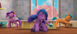 Size: 1718x778 | Tagged: safe, screencap, hitch trailblazer, izzy moonbow, pipp petals, earth pony, pegasus, pony, unicorn, g5, missing the mark, my little pony: make your mark, my little pony: make your mark chapter 4, spoiler:g5, spoiler:my little pony: make your mark, spoiler:my little pony: make your mark chapter 4, spoiler:mymc04e07, animated, blowing, blowing flute, cabinet, exhausted, female, flute, gif, izzy's dragon flute, kitchen, male, mare, musical instrument, searching, stallion, tired