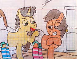 Size: 3724x2855 | Tagged: safe, artist:bitter sweetness, oc, oc only, oc:bitter sweetness, oc:robertapuddin, earth pony, pony, unicorn, abdl, adult foal, brown eyes, clothes, diaper, diaper fetish, diapered, door, earth pony oc, fetish, graph paper, green eyes, grin, high res, horn, non-baby in diaper, open mouth, open smile, smiling, socks, striped socks, traditional art, unicorn oc, wooden floor