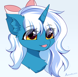 Size: 3164x3136 | Tagged: safe, artist:airiniblock, oc, oc only, oc:fleurbelle, alicorn, pony, :p, alicorn oc, bow, chest fluff, cute, ear fluff, female, gradient background, hair bow, high res, horn, icon, mare, solo, tongue out, wings