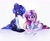 Size: 2048x1660 | Tagged: safe, artist:02vxmp, princess cadance, princess luna, alicorn, pony, g4, clothes, drawing, duo, eye clipping through hair, eyebrows, eyebrows visible through hair, heart, heart eyes, levitation, lying down, magic, pencil, prone, shirt, sitting, smiling, socks, stockings, telekinesis, thigh highs, wingding eyes