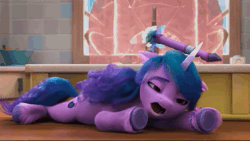 Size: 1920x1082 | Tagged: safe, screencap, izzy moonbow, pony, unicorn, g5, missing the mark, my little pony: make your mark, my little pony: make your mark chapter 4, spoiler:g5, spoiler:my little pony: make your mark, spoiler:my little pony: make your mark chapter 4, spoiler:mymc04e07, animated, cabinet, exhausted, falling, female, flute, izzy's dragon flute, mare, musical instrument, on floor, solo, sound, tired, webm, window