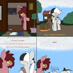 Size: 1504x1504 | Tagged: safe, artist:castafae, oc, oc:checkers, bat pony, earth pony, pony, 4 panel comic, adult blank flank, blank flank, comic, dialogue, dirt road, faint, female, hair covering face, hair over one eye, house, mailmare, mare, ponytail, raised hoof, shaking, sweat, tired