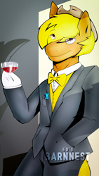 Size: 2160x3840 | Tagged: safe, artist:barnnest, oc, oc:acres, earth pony, pony, semi-anthro, arm hooves, boots, brown coat, clothes, cowboy boots, cup of wine, high res, ribbon bow tie, shoes, solo, suit, white hooves, yellow mane