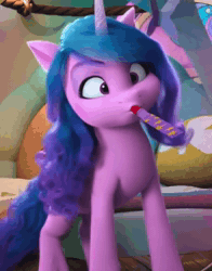Size: 844x1078 | Tagged: safe, screencap, izzy moonbow, pony, unicorn, g5, missing the mark, my little pony: make your mark, my little pony: make your mark chapter 4, spoiler:g5, spoiler:my little pony: make your mark, spoiler:my little pony: make your mark chapter 4, spoiler:mymc04e07, animated, loop, party horn, silly, silly pony, solo, sound, webm