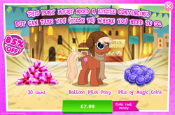 Size: 1964x1298 | Tagged: safe, gameloft, idw, hot air, earth pony, pony, g4, my little pony: magic princess, official, advertisement, aviator goggles, clothes, costs real money, english, gem, goggles, hat, idw showified, introduction card, magic coins, male, mobile game, numbers, sale, scarf, solo, stallion, text