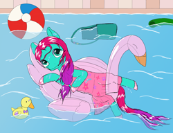 Size: 2000x1536 | Tagged: safe, artist:php176, derpibooru exclusive, jazz hooves, earth pony, pony, g5, bag, beach ball, beautiful, clothes, dress, female, floaty, hoof polish, implied sunny starscout, looking at you, lying down, mare, pool noodle, pool toy, rubber duck, smiling, solo, story included, swimming pool, water, wet, wet mane
