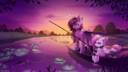 Size: 4300x2400 | Tagged: safe, artist:villjulie, oc, oc only, pegasus, pony, boat, duo, fishing, fishing rod, lake, lilypad, pegasus oc, water