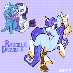 Size: 2048x2048 | Tagged: safe, artist:3ggmilky, rarity, trixie, oc, oc:razzle dazzle, pony, unicorn, g4, amputee, bow, female, grin, hair bow, high res, magical lesbian spawn, mare, offspring, parent:rarity, parent:trixie, parents:rarixie, prosthetic leg, prosthetic limb, prosthetics, smiling
