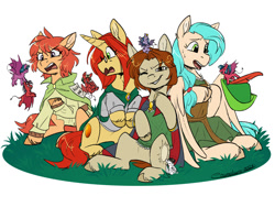 Size: 1200x900 | Tagged: safe, artist:cosmalumi, oc, oc:amber march-wild, oc:banfrei flare, oc:barley fields, oc:cozy w. charm, demon, demon pony, earth pony, pegasus, pony, unicorn, simple background, white background