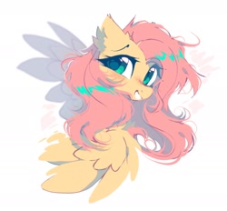 Size: 1946x1804 | Tagged: safe, artist:mirtash, fluttershy, pegasus, pony, g4, bust, cute, female, grin, looking at you, shyabetes, simple background, smiling, solo, spread wings, white background, wings