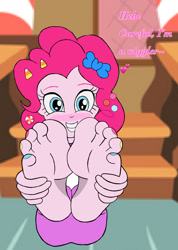 Size: 1280x1794 | Tagged: safe, artist:zeekthatgeek, pinkie pie, human, equestria girls, g4, barefoot, candy, cute, feet, fetish, food, foot fetish, nail polish, soles, toenail polish, toenails, toes