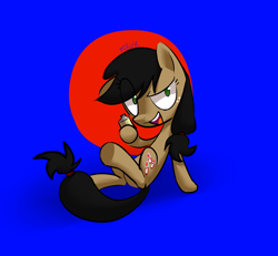 Size: 3250x3000 | Tagged: safe, artist:kruvvv, applejack, earth pony, pony, elements of insanity, g4, alternate universe, applepills, black mane, black tail, blue background, female, green eyes, happy, hatless, high res, hoof hold, looking at you, looking up, lying down, mare, missing accessory, on back, open mouth, pills, pills in hoof, raised hoof, red circle, simple background, sitting, small eyes, smiling, smiling at you, smirk, solo, tail