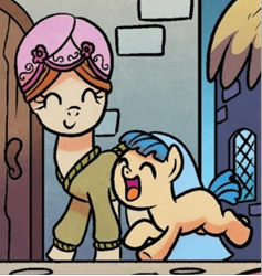 Size: 414x436 | Tagged: safe, artist:agnes garbowska, idw, official comic, earth pony, pony, friendship is magic #58, g4, spoiler:comic, clothes, colt, female, foal, hat, male, mother and child, mother and son, name suggestion in the comments, sweater, unnamed character, unnamed pony