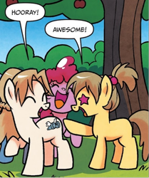 Size: 622x745 | Tagged: safe, artist:agnes garbowska, idw, official comic, angel sight, smorgasbord, treasure hunt (g4), earth pony, pegasus, pony, unicorn, friendship is magic #60, g4, spoiler:comic, background pony, binoculars, comic, female, filly, foal, happy, speech bubble, tree