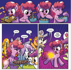 Size: 1705x1664 | Tagged: safe, artist:agnesgarbowska, idw, official comic, angel sight, apple bloom, gilded lily, scootaloo, smorgasbord, sweetie belle, treasure hunt (g4), earth pony, pegasus, pony, unicorn, g4, spoiler:comic, spoiler:comic60, background pony, cheering, comic, cooking, cutiespark, female, filly, foal, happy, not pinkie pie, speech bubble, unnamed character, unnamed pony
