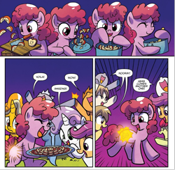 Size: 1705x1664 | Tagged: safe, artist:agnes garbowska, idw, official comic, angel sight, apple bloom, gilded lily, scootaloo, smorgasbord, sweetie belle, treasure hunt (g4), earth pony, pegasus, pony, unicorn, friendship is magic #60, g4, spoiler:comic, background pony, cheering, comic, cooking, cutiespark, female, filly, foal, happy, not pinkie pie, speech bubble, unnamed character, unnamed pony