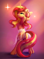 Size: 1994x2659 | Tagged: safe, artist:itssim, sunset shimmer, pony, unicorn, g4, bipedal, bunset shimmer, butt, clothes, female, high res, hooves behind head, looking at you, looking back, looking back at you, mare, plot, rear view, see-through, skirt, smiling, solo, standing on two hooves