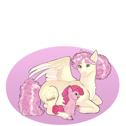 Size: 2000x2000 | Tagged: safe, artist:rainydayjitters, granny pie, pinkie pie, oc, earth pony, pegasus, pony, g4, blank flank, cheek fluff, chest fluff, female, filly, filly pinkie pie, grandmother and grandchild, grandmother and granddaughter, high res, looking at each other, looking at someone, mare, simple background, transparent background, wing shelter, wings, younger