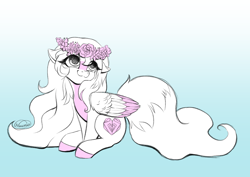 Size: 1748x1240 | Tagged: safe, artist:nuumia, oc, oc only, oc:dyn, pegasus, pony, :3, blaze (coat marking), coat markings, colored belly, colored hooves, colored wings, cute, facial markings, floral head wreath, flower, fluffy, folded wings, gradient background, long mane, long tail, looking back, partial color, pegasus oc, pink mane, pretty, sitting, sketch, smiling, solo, tail, two toned wings, white coat, white mane, white tail, wings