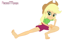 Size: 1280x720 | Tagged: safe, artist:paco777yuyu, applejack, human, equestria girls, g4, barefoot, beach, feet, female, fetish, flexing, foot fetish, hypnotic, simple background, soles, solo, transparent background