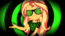 Size: 1591x894 | Tagged: safe, artist:paco777yuyu, sunset shimmer, oc, oc:mez-mare-a, human, equestria girls, g4, dreamworks face, female, glasses, goggles, green, hypnogoggles, hypnosis, mare, solo, sunglasses, sunset