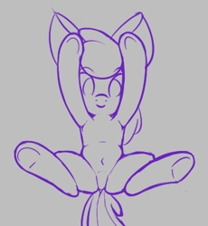 Size: 337x367 | Tagged: safe, artist:permpony, apple bloom, earth pony, pony, g4, armpits, female, filly, foal, frog (hoof), gray background, lineart, looking at you, simple background, smiling, solo, spread legs, spreading, underhoof