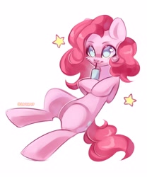 Size: 2500x3000 | Tagged: safe, artist:02vxmp, pinkie pie, earth pony, pony, g4, belly, drink, drinking, drinking straw, female, high res, mare, simple background, smiling, solo, stars, white background