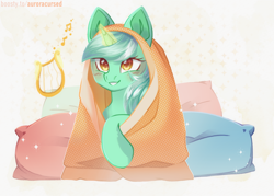 Size: 3500x2500 | Tagged: safe, artist:auroracursed, lyra heartstrings, pony, unicorn, g4, blanket, blushing, comforting, female, high res, mare, pillow, smiling, solo